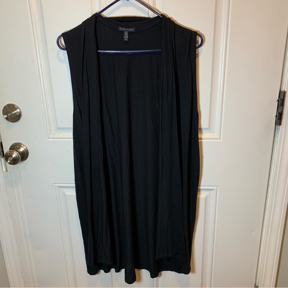 Eileen Fisher Black Viscose Jersey Sleeveless Open Front Cardigan Vest Size S/P